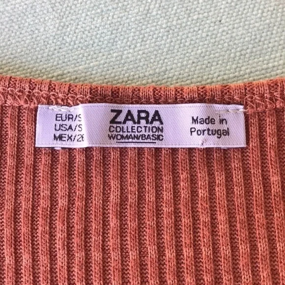Zara Ribbed V Neck Top Dusty Terracotta Short Sleeve Fitted Tee S - Picture 6 of 7